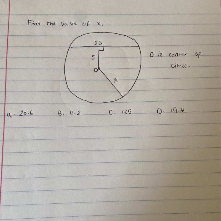 Find the value of x.. a. 20.6 B. 11.2 C. 125 D. 19.4-example-1