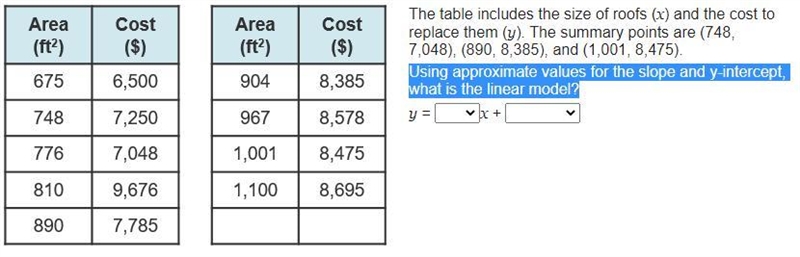 The table includes the size of roofs (x) and the cost to replace them (y). The summary-example-1