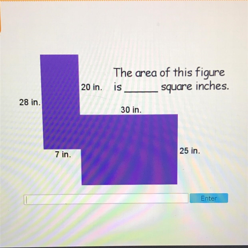 The area of this figure is square inches. 20 in 28 in 30 in. 7 in 25 in.-example-1