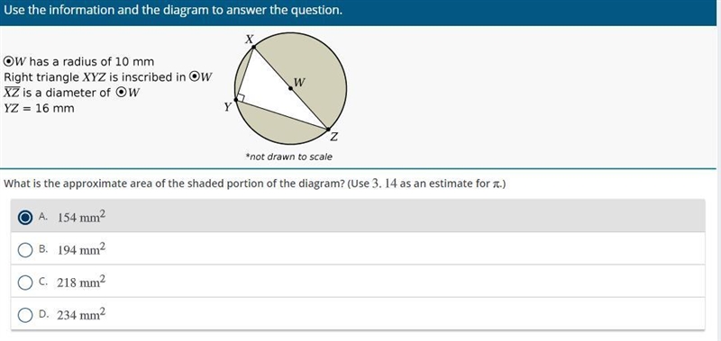 What is the approximate area of the shaded portion of the diagram? (Use 3.14 as an-example-1