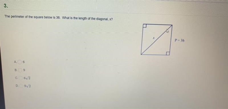 The perimeter of the square is 36. What is the length of the diagonal, x? HELPNPLZ-example-1