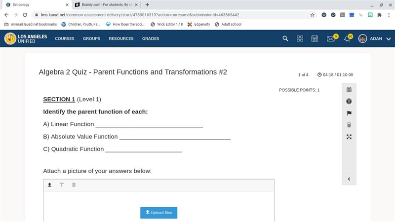 Identify the parent function of each: A) Linear Function _______________________________ B-example-1