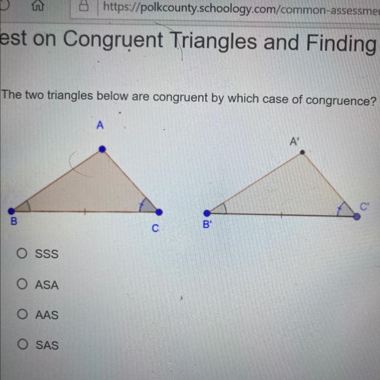 The two triangles below are congruent by which case of congruence? SSS ASA AAS SAS-example-1