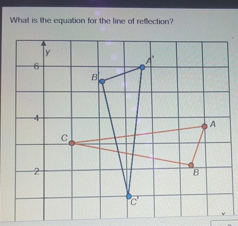 What is the equation for the line of reflection a. x= 3 b. y = 3 c. y = x d. x = 6​-example-1