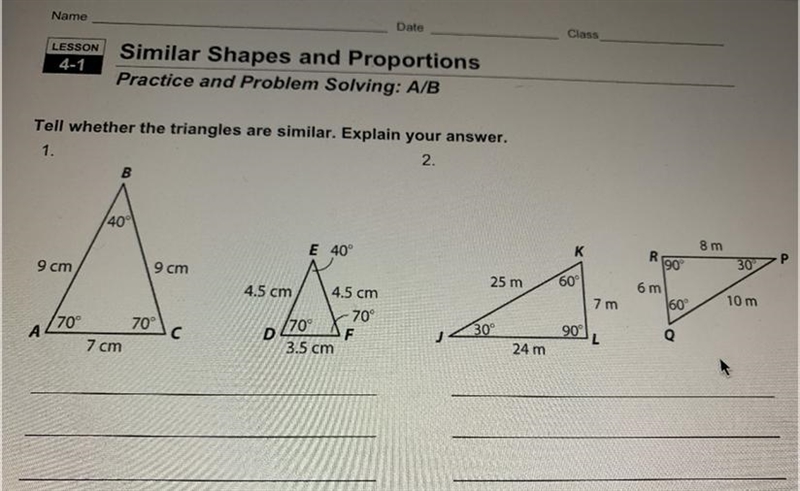 Tell whether the triangles are similar. Explain your answer. Please help!!-example-1