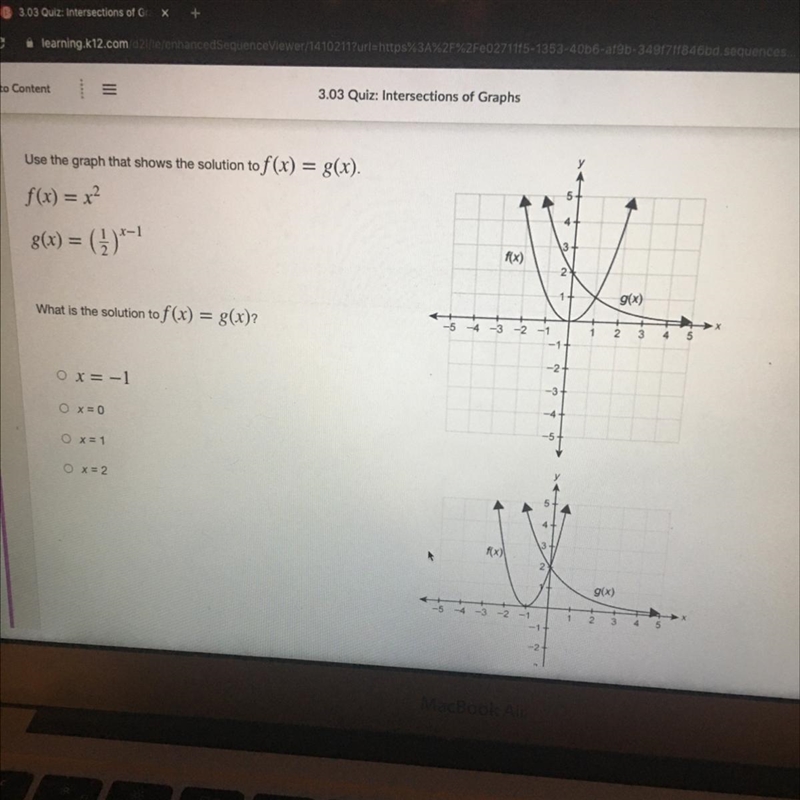 Use the graph that shows the solution to f(x) = g(x). f(x) = -3/4x^2+3x+1 g(x) = x-example-1