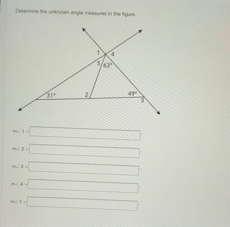 Determine the unknown angle measures in the figure. 1= 2= 3= 4= 5= PLEASE HELP, 17 POINTS-example-1