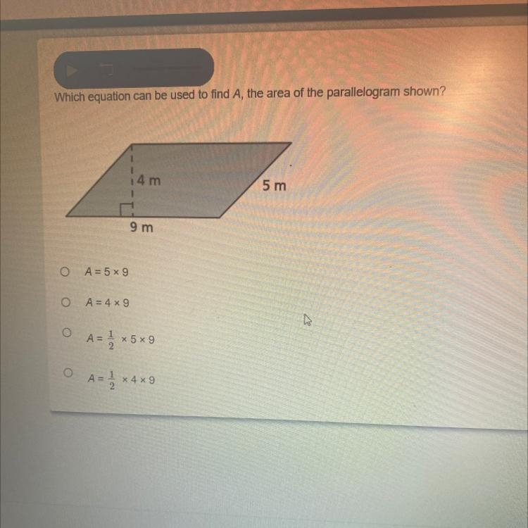 Which equation can be used to find A, the area of the parallelogram shown?-example-1