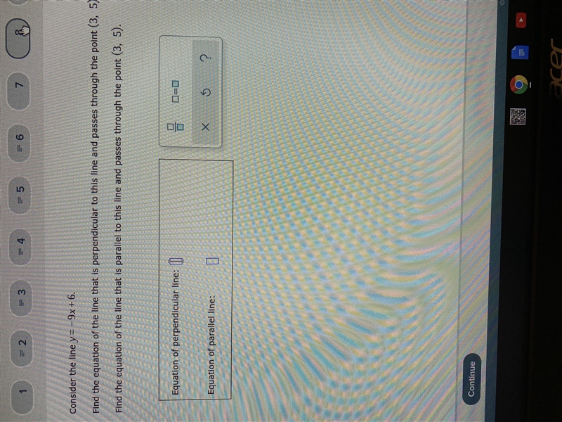 Consider the line y = - 9x + 6 . Find the equation of the line that is perpendicular-example-1