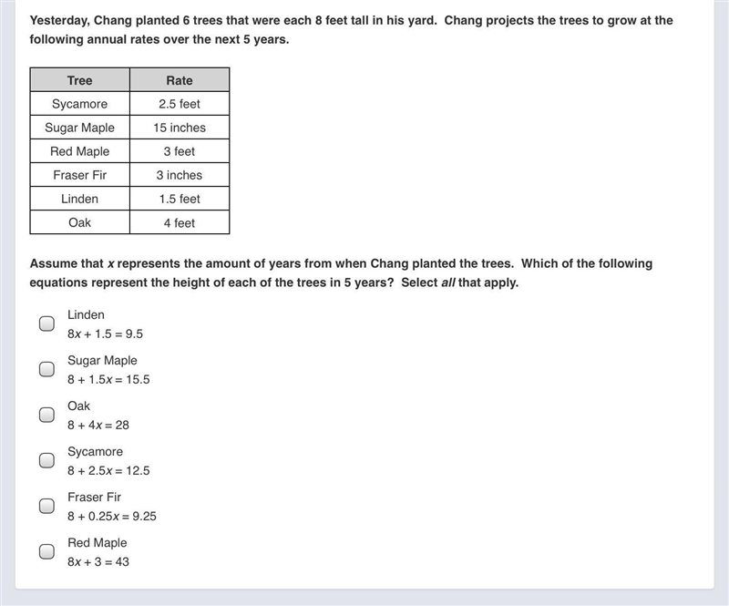 PLEASE HELP FOR 20 POINTS, Yesterday, Chang planted 6 trees that were each 8 feet-example-1