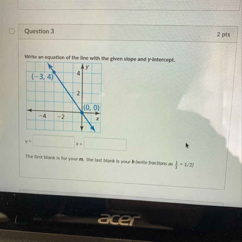 Write an equation of the line with the given slope and y-intercept. y у 4 (-3, 4) 4 2 (0, 0) 4 -2 х-example-1