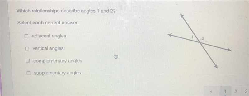 Which relationships describe angles 1 and 2? Select each correct answer. Adjacent-example-1