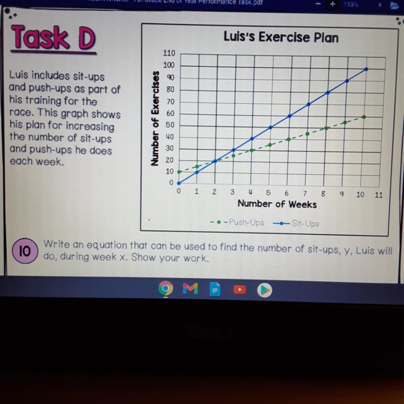 Luis includes sit ups and push ups as part of his training for the race. This graph-example-1