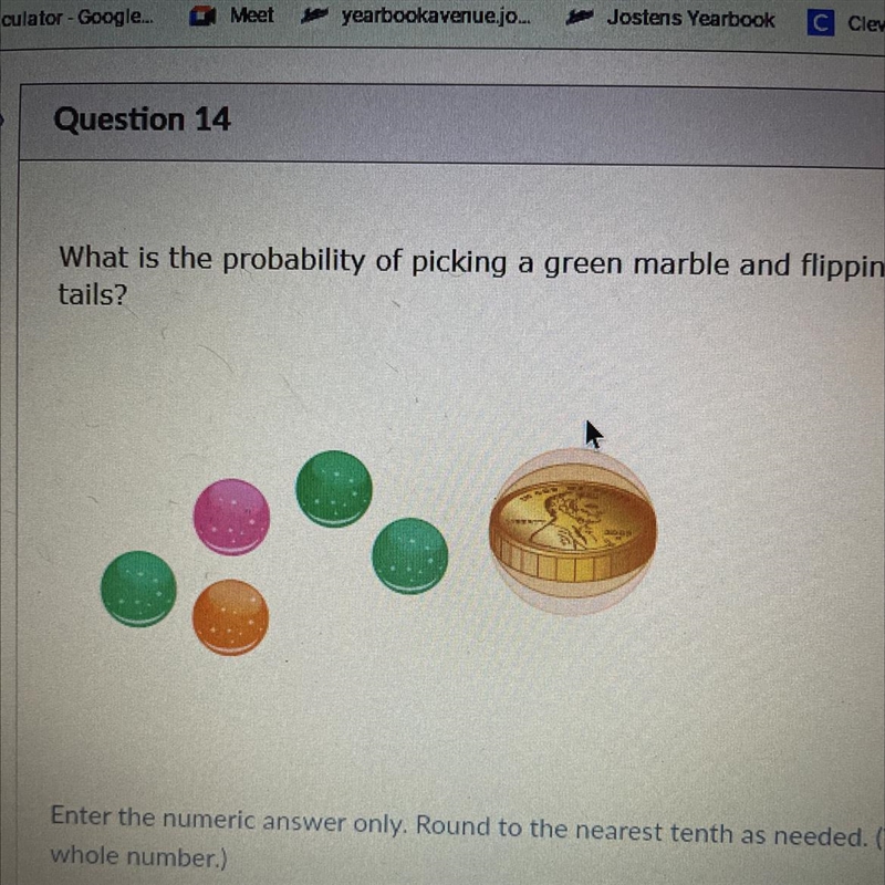 What is the probability of picking a green marble and flipping tails?-example-1