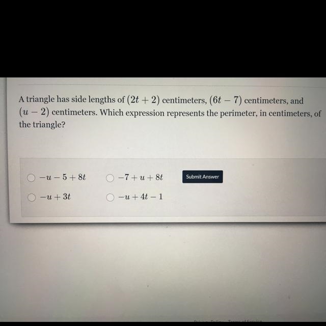 Which expression represents the perimeter, in centimeters, of the triangle-example-1