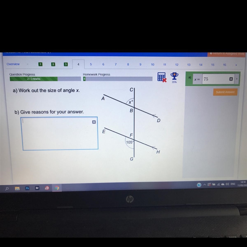 A) Work out the size of angle x. b) Give reasons for your answer.-example-1