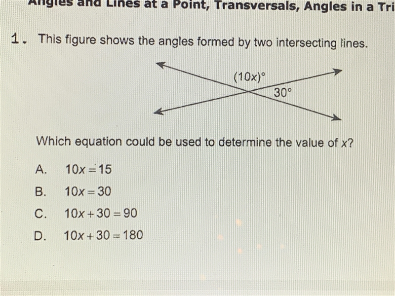 Which equation could be used to determine the value of x ?-example-1