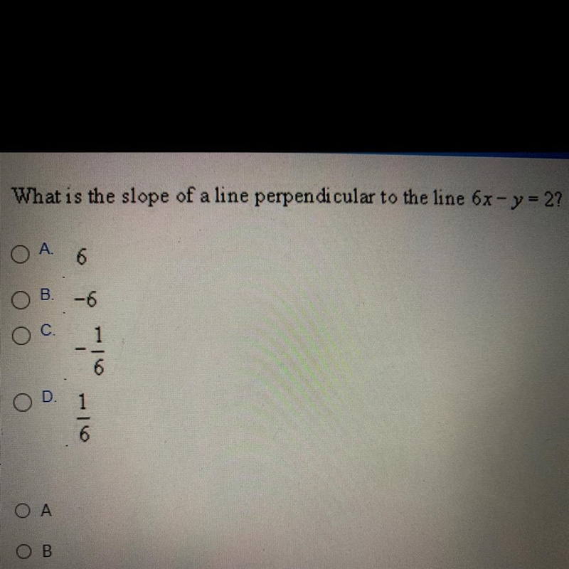 What is the slope of a line perpendicular to the line 6x-y=2?-example-1