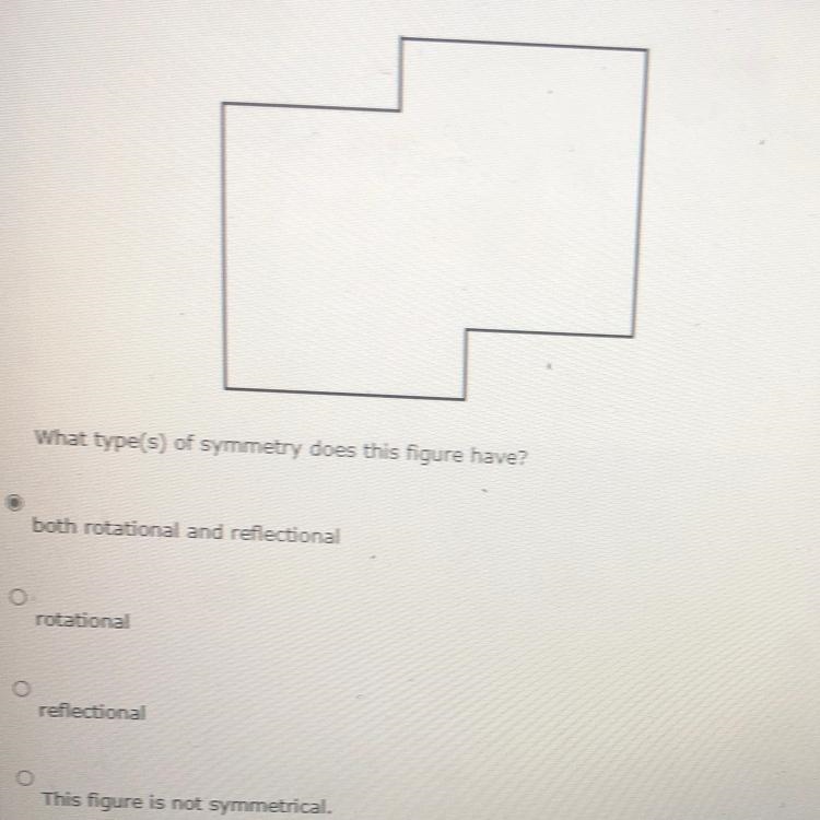 What type(s) of symmetry does this figure have? both rotational and reflectional rotational-example-1