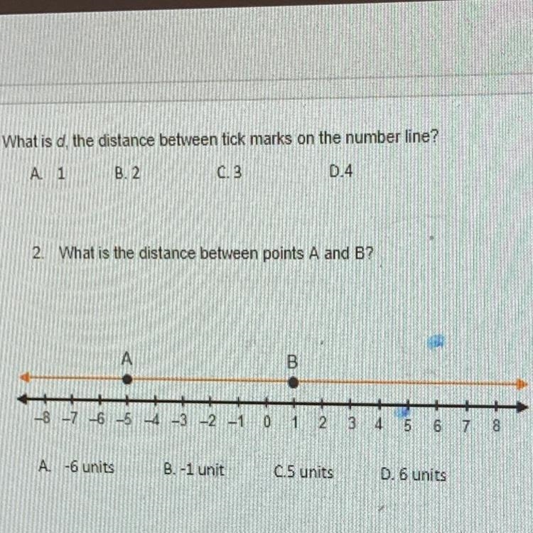 2. What is the distance between points A and B? A. -6 units B. -1 unit C. 5 units-example-1