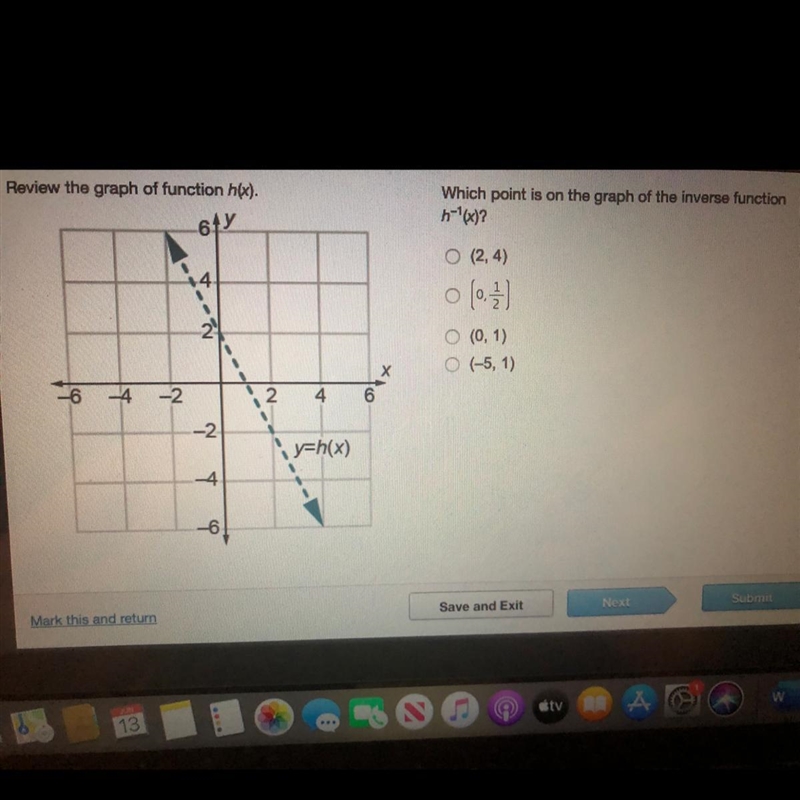 Review the graph of function h(x). Which point is on the graph of the inverse function-example-1