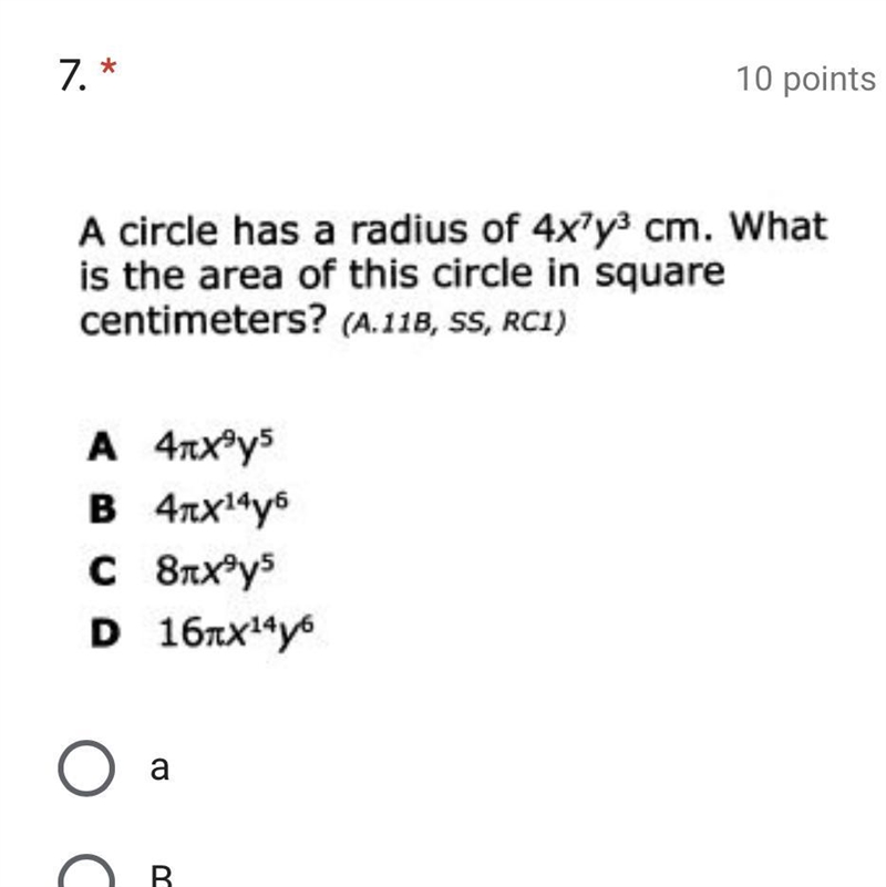 A circle has a radius of 4x^7y^3. What is the area of this circle in square centimeters-example-1