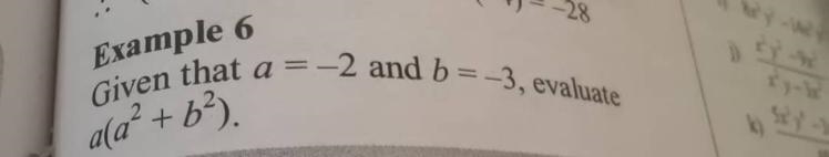 Given that a = -2 and b = -3, evaluate a(a² + b²)-example-1