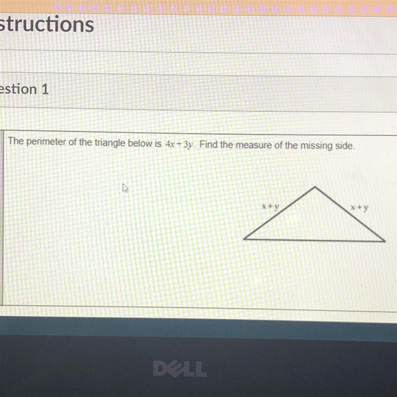 The perimeter of the triangle below is 4x + 3y. Find the measure of the missing side-example-1