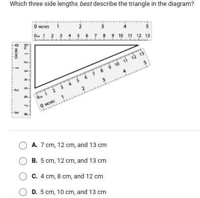 Which three side lengths best describe the triangle in the diagram? another easy questions-example-1