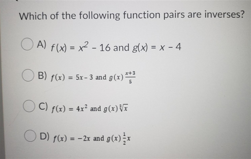 Which of the following function pairs are inverses? ​-example-1