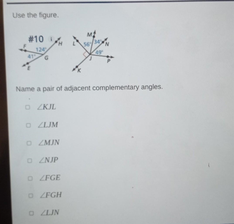 Name a pair of adjacent complementary angles. ​-example-1