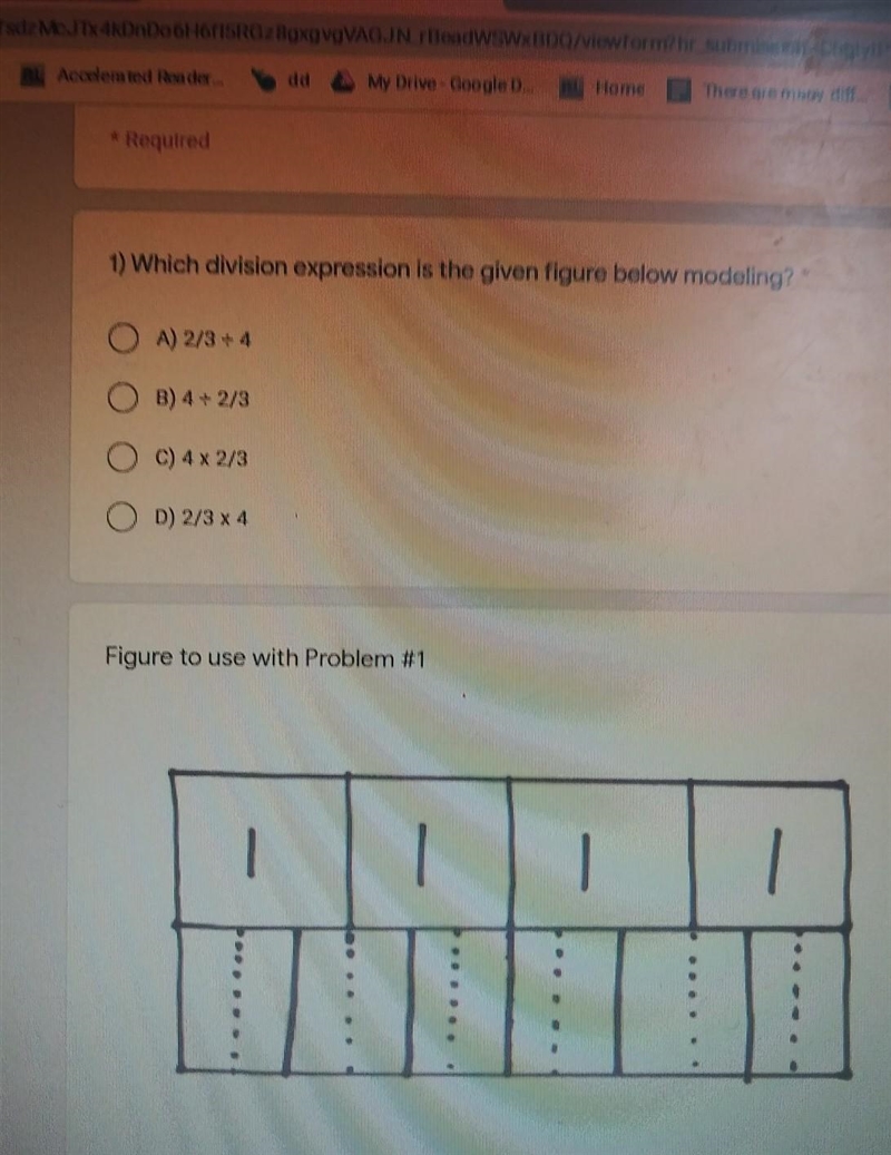 1) Which division expression is the given figure below modeling? 10 points A) 2/3=4 B-example-1