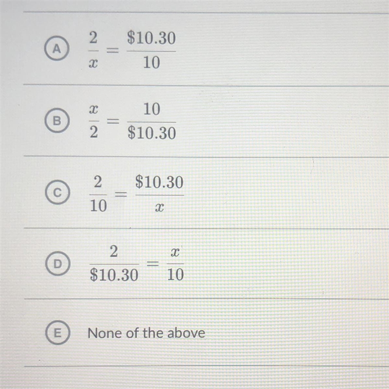 10 rubber stamps cost $10.30. Which equation would help determine the cost of 2 rubber-example-1