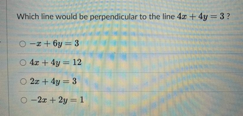 Please help! Which line would be perpendicular?-example-1