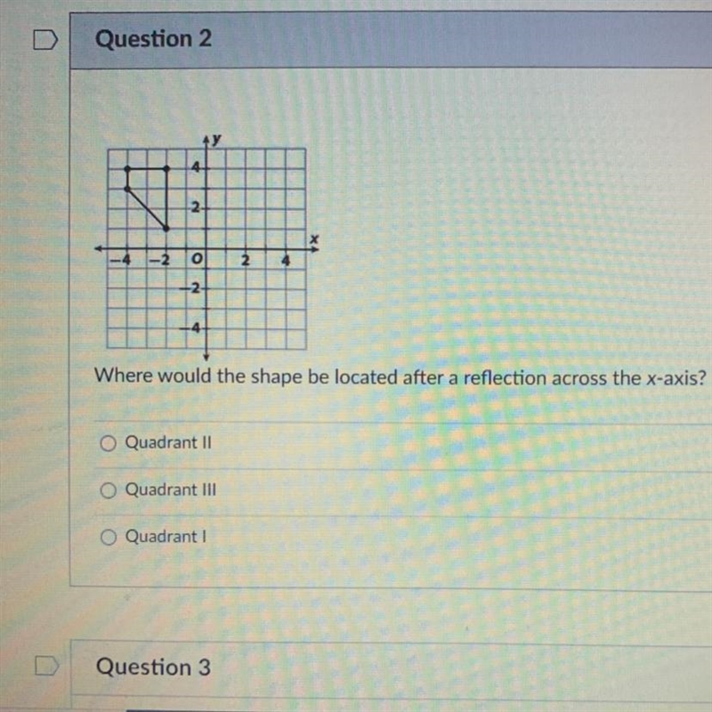 Where would the shape located after a reflection across the x-axis?-example-1