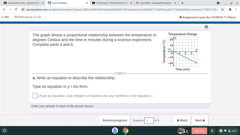 Write an equation to describe the relationship. Type an equation in y=mx form-example-1