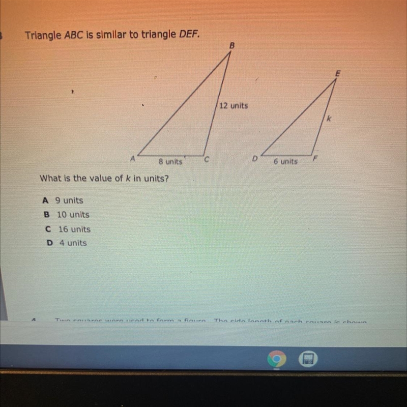 Triangle ABC is similar to triangle DEF. B E : 12 units k D 8 units 6 units What is-example-1