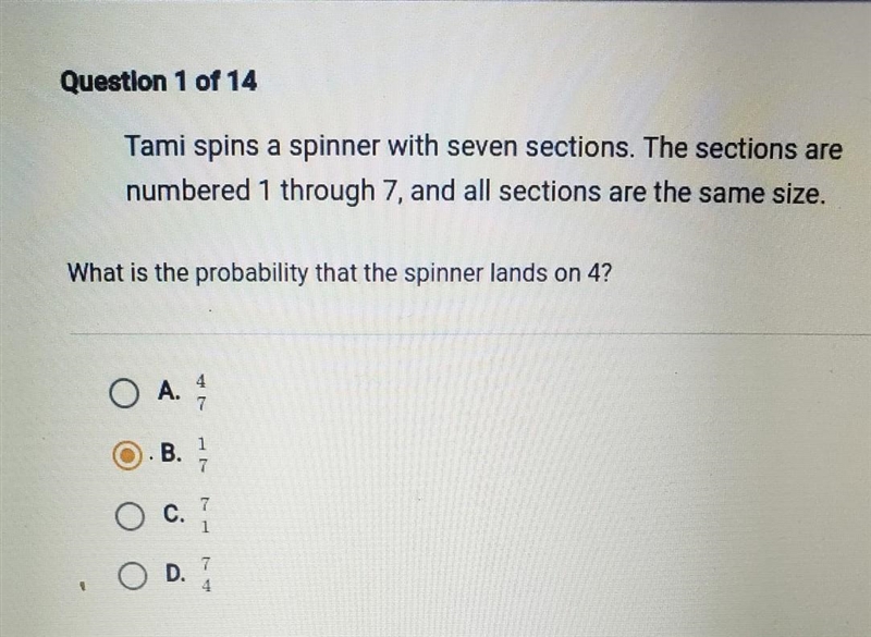 Tami spins a spinner with seven sections. The sections are numbered 1 through 7, and-example-1