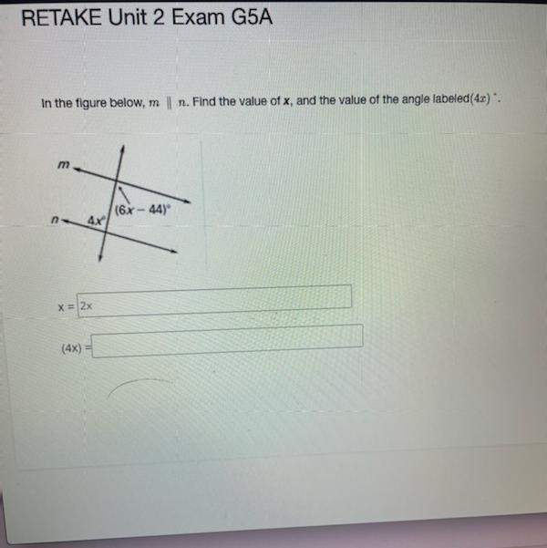 In the figure below m || n find the value of x and the value of the angle labeled-example-1