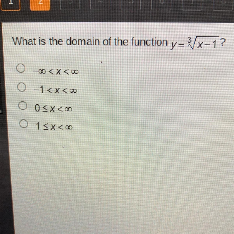 What is the domain of the function y=x-1? 0-1 O 0 O 1-example-1