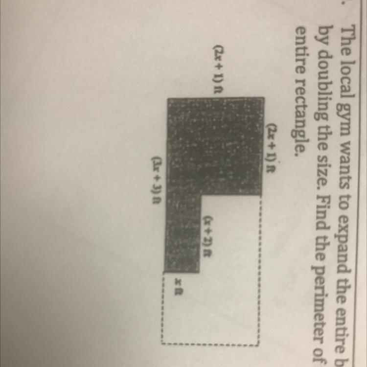 The local gym wants to expand the entire building by doubling the size. Find the perimeter-example-1