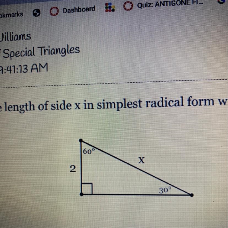 Find the length of side x in simplest radical form with a rational denominator-example-1