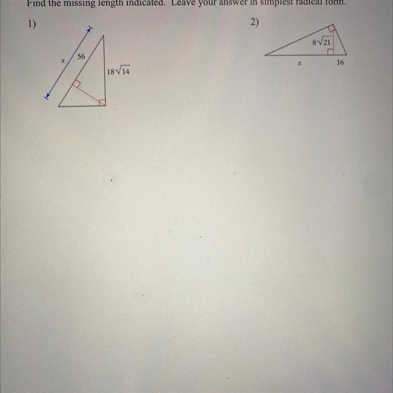 Find the missing length indicated. Leave your answer in simplest radical form. Please-example-1