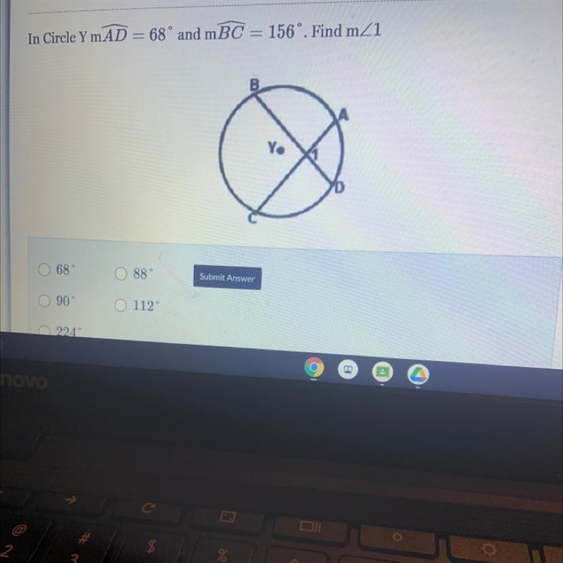 In Circle YmAD = 68° and mBC = 156. Find mZ1-example-1