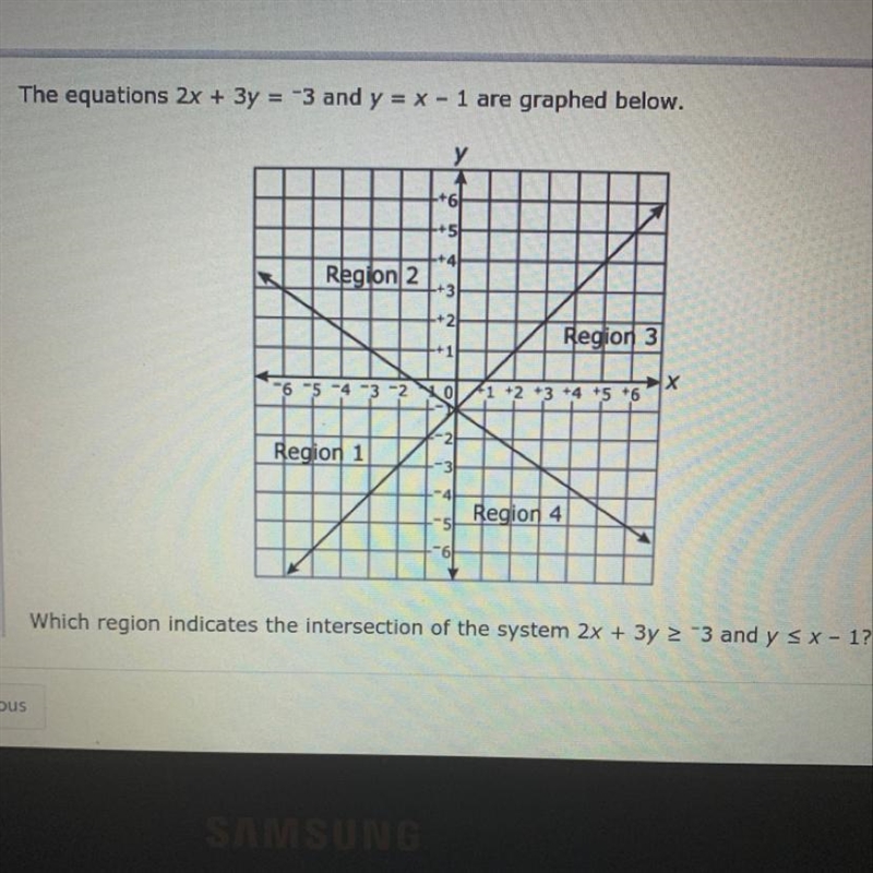 Which region indicates the intersection of the system 2x + 3y > 3 and y sx - 1?-example-1