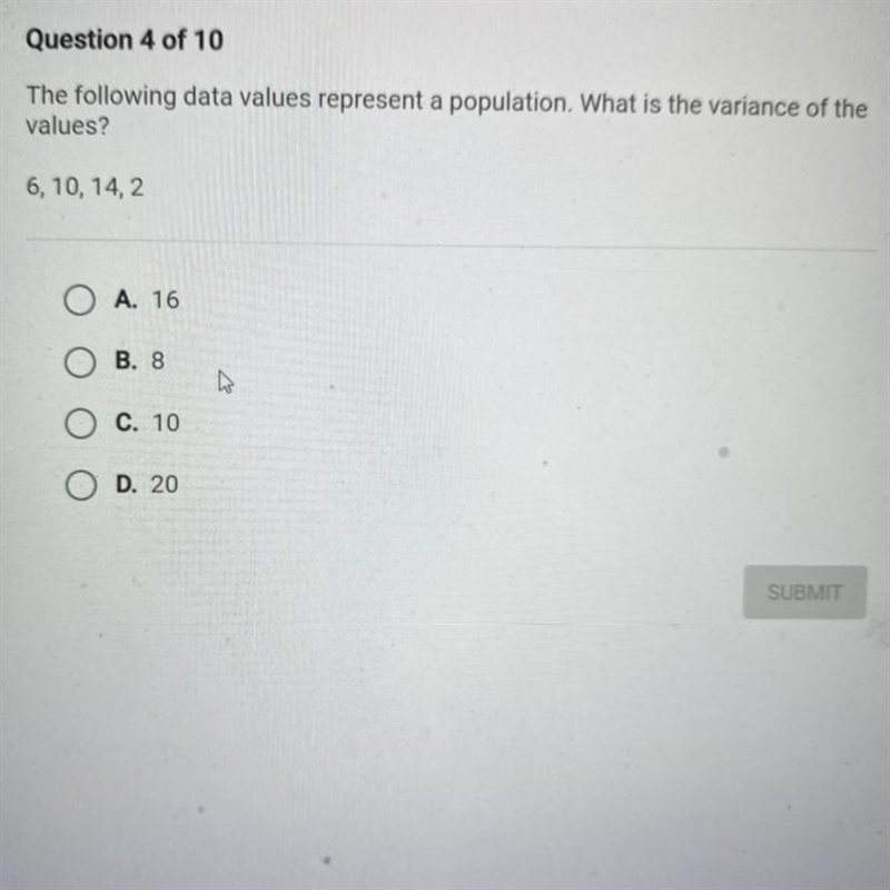 The following data values represent a population. What is the variance of the values-example-1