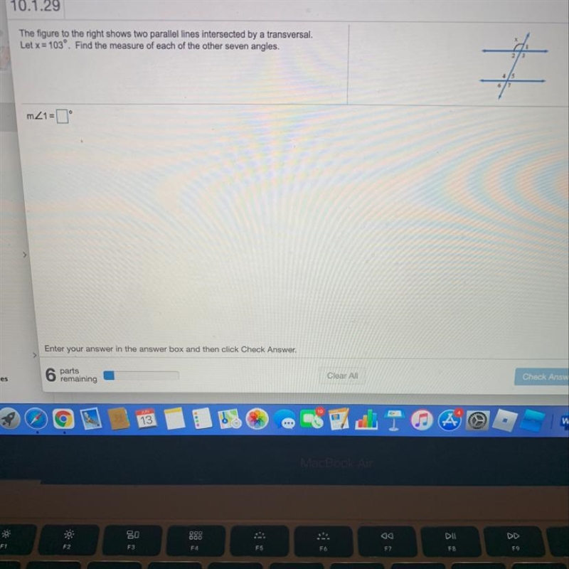 The figure to the right shows two parallel lines intersected by a transversal. Let-example-1