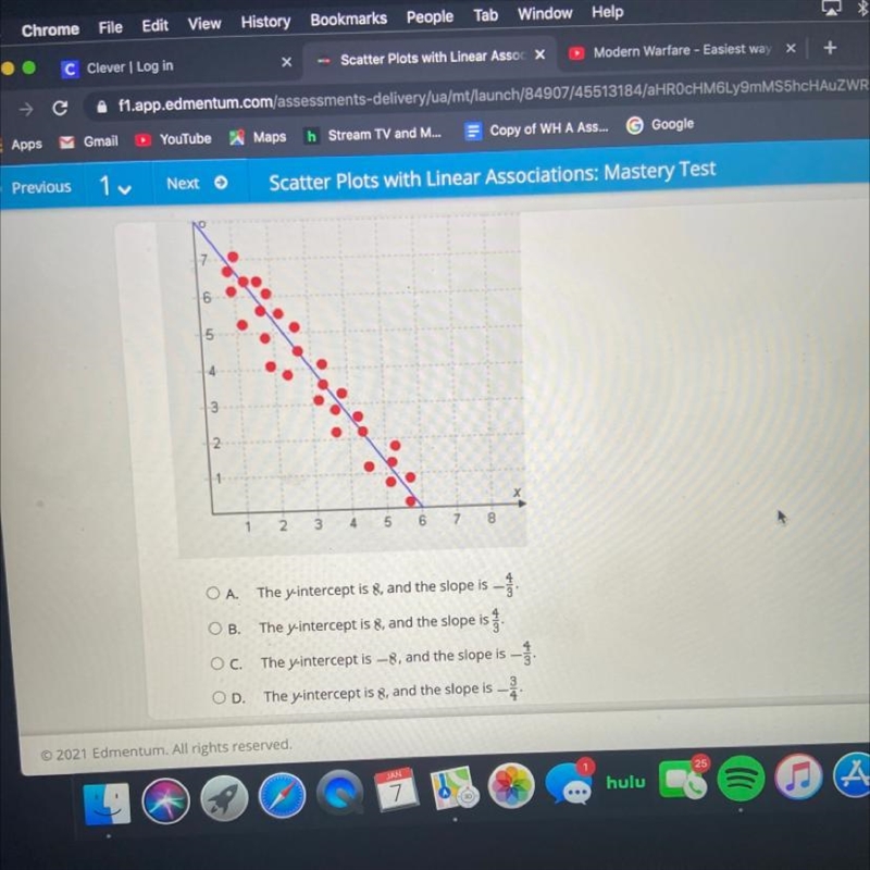 Select the correct answer. What are the slope and the y-intercept of the line of best-example-1