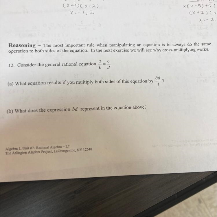 12. Consider the general rational equation a/b=c/d (a) What equation results if you-example-1