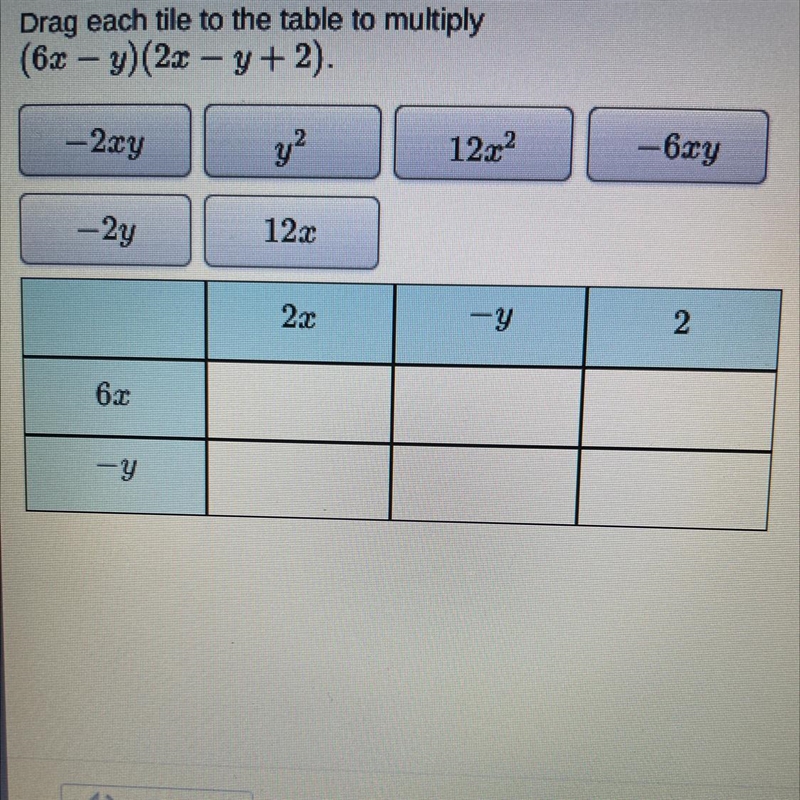 Drag each tile to the table to multiply (6x – y)(2x – y + 2).-example-1